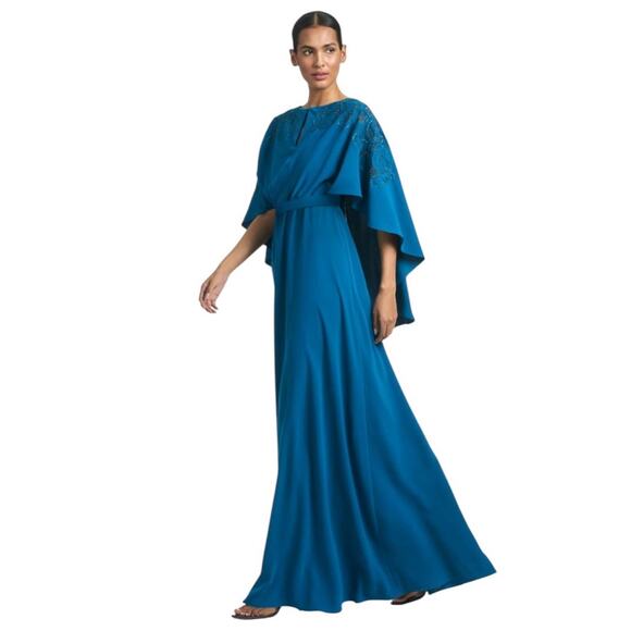 Sachin & Babi NEW Size 10 Moroccan Blue Crepe Embroidered Wren Cape Maxi Gown - Picture 2 of 12